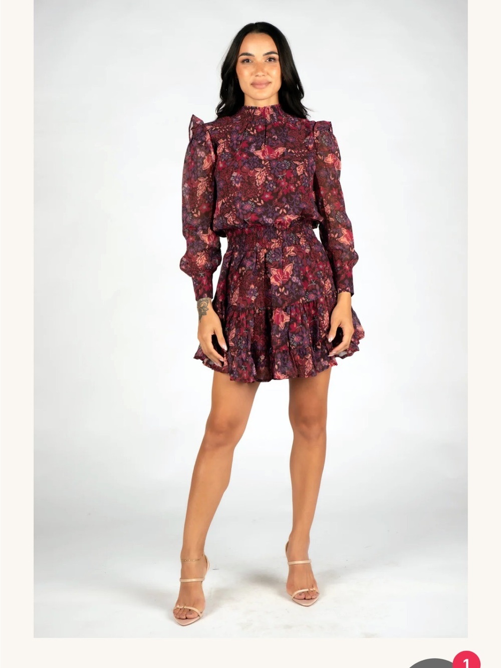 Floral Ruffle High-Neck Mini Dress in Burgundy